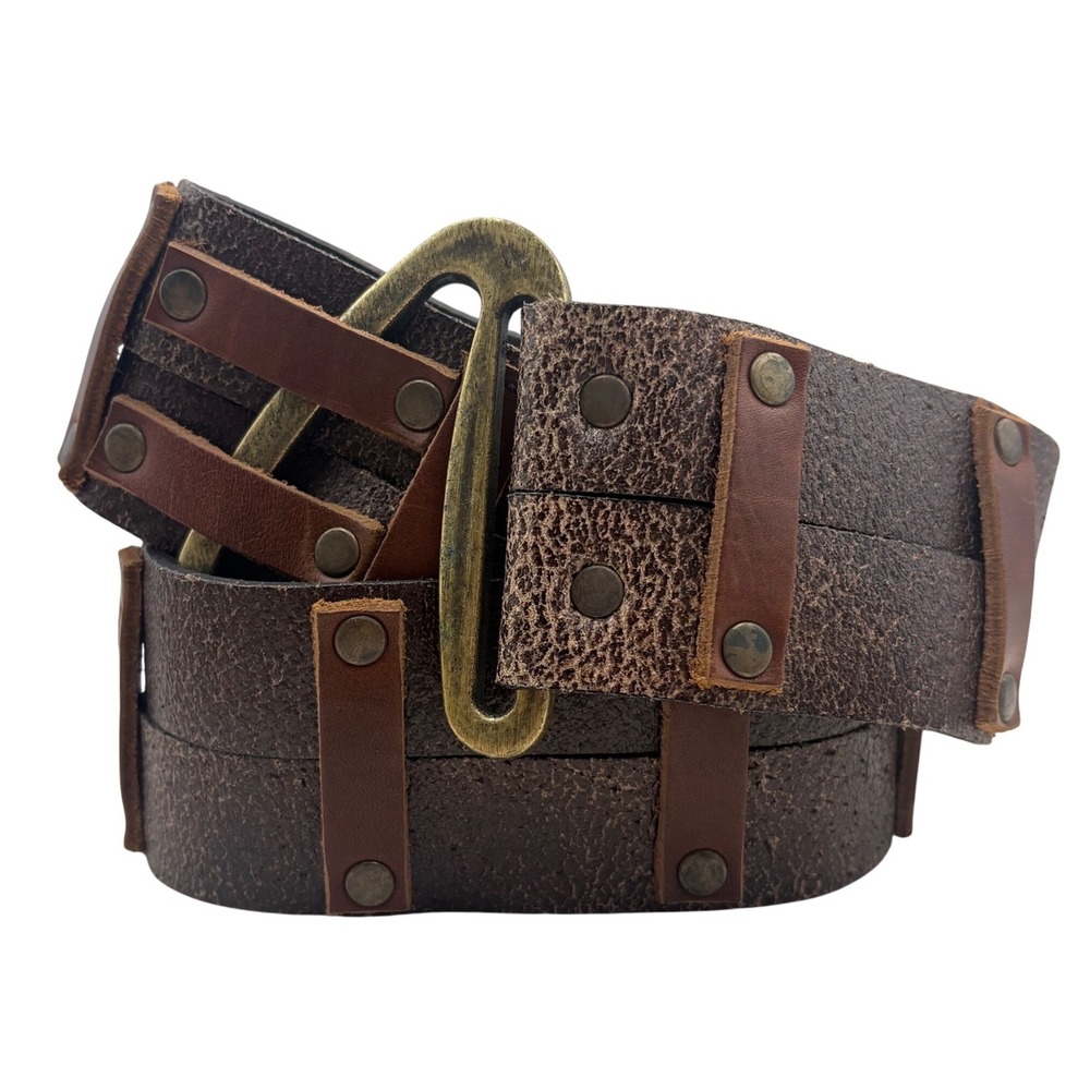 Wide Belt Womens XL Brown Distressed Leather Riveted Hook Buckle Pirate Unique